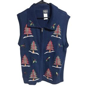 Southern Lady Vintage Navy Blue Plaid Christmas Tree Zip Up Sweater Vest Small